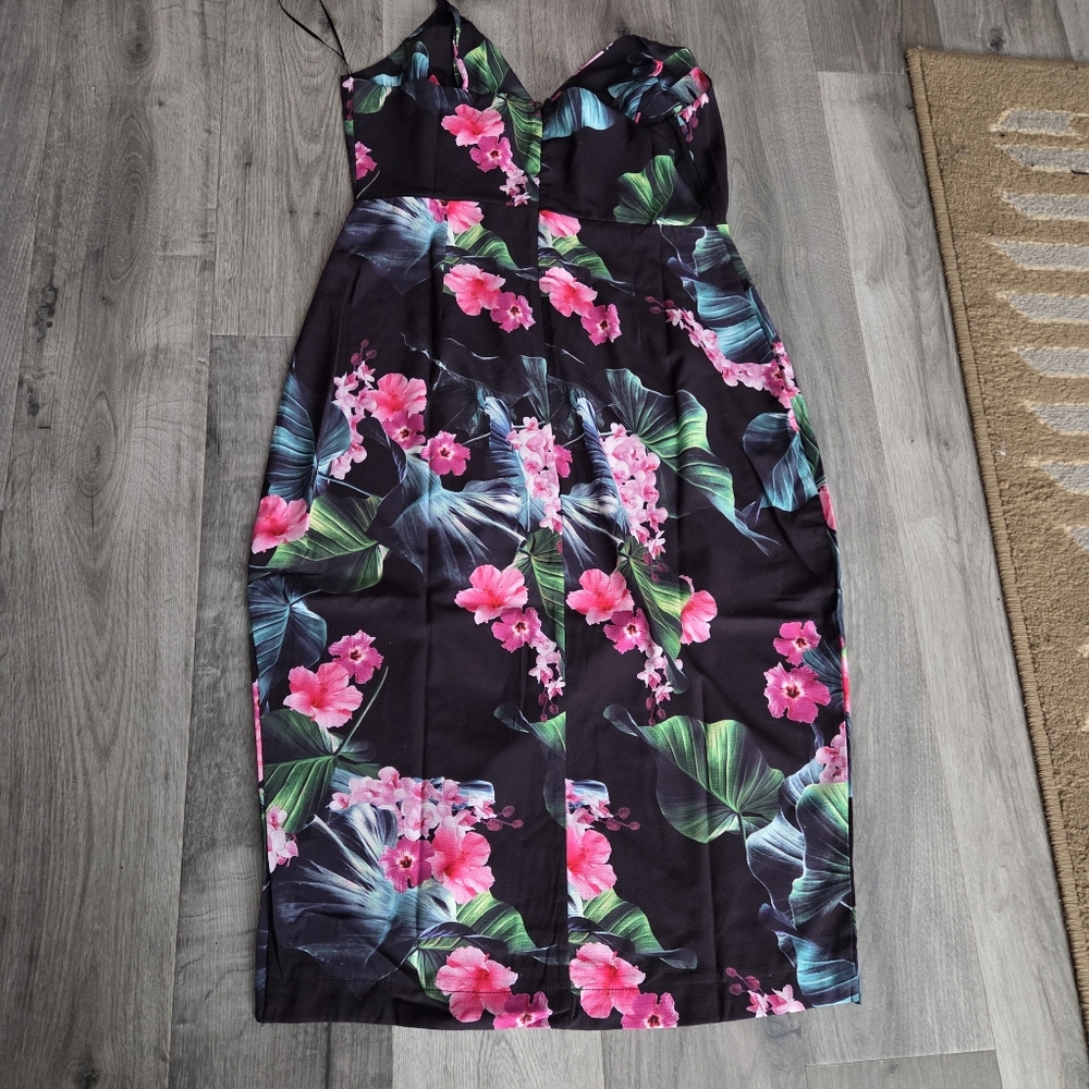 Nwt Apricot Black Tropical Floral Spaghetti Strap Midi Dress Front Slit Summer - Picture 6 of 10